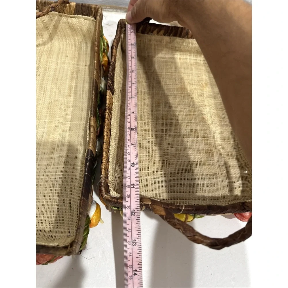 2 MCM Vintage Wicker Raffia Casserole Holders 13.5x8.5